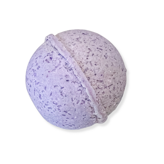 A purple bath bomb with a textured surface, designed for use in bath water to create bubbles and foam.